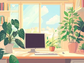 Fototapeta premium Office desk with pot plant, warm tone decor, beautiful view changing through seasons, flat design illustration