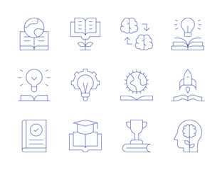 Knowledge icons. Thin Line style, editable stroke. study, geography, growth, innovation, knowledge, knowledge transfer, learn, reading book, literature, mind, rocket