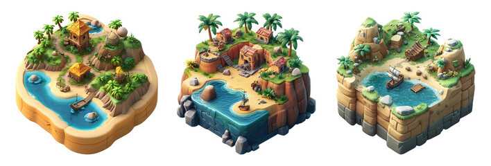 Colorful Tropical Island Illustrations on Transparent Background