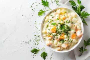 Classic Russian Christmas salad Olivier on white background Overhead shot