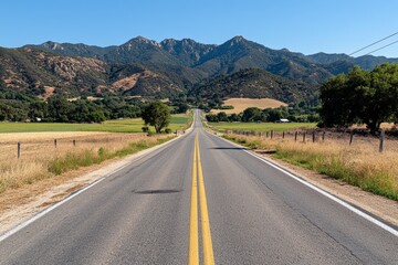 Fototapeta premium A quiet rural street in the countryside, with rolling hills in the background, a single tractor driving by, and peaceful farms on either side, symbolizing the simplicity and beauty of rural