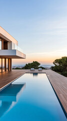 Fototapeta premium Modern villa with swimming pool during sunset overlooking a serene landscape