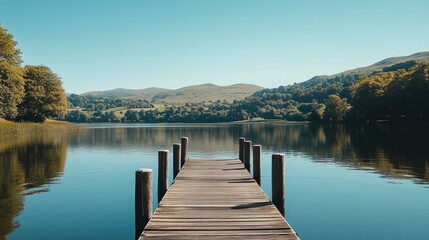 Fototapeta premium Pontoon pier stretching out over a calm lake on a sunny summer day, with hills and trees in the background.