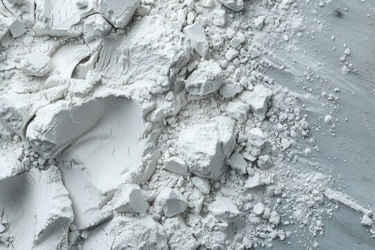 Close up image of powdered chemicals like calcium gypsum or plaster on grey background