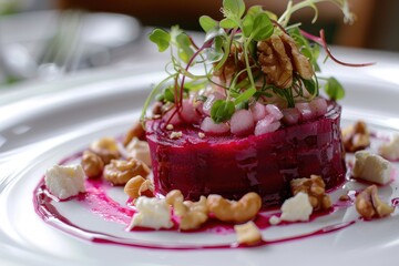 Close up of a beet salad with feta sprouts and walnuts on white plate
