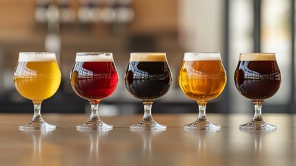 A lineup of five craft beer glasses, showcasing a range of colors and styles, on a wooden table with a blurred background.