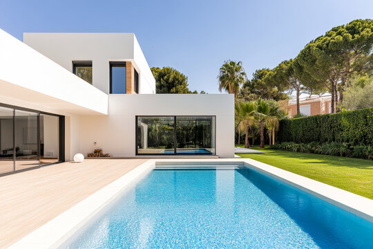 Modern villa with a swimming pool surrounded by lush greenery in bright daylight