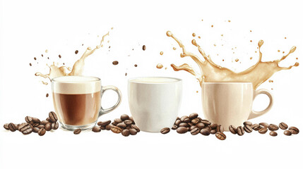 Obraz premium Three coffee cups with splashes sit amidst scattered coffee beans, showcasing the vibrant essence of coffee culture.