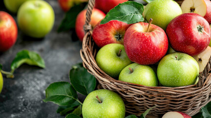 A vibrant assortment of red and green apples in a woven basket, showcasing fresh produce on a textured surface.