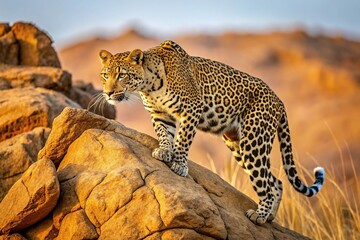 Fototapeta premium A leopard climbing up a rocky outcrop in a dry and barren savanna landscape, animal climbing, dry savannas, treeless plains, African wildlife
