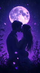 Obraz premium Romantic Couple Kissing Under Starry Moonlight