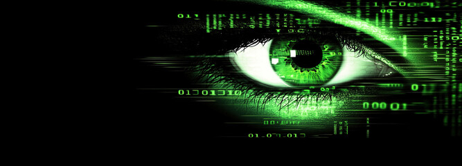 A striking representation showcases the melding of human and artificial intelligence, featuring vibrant cybernetic eyes that reflect digital elements and data streams