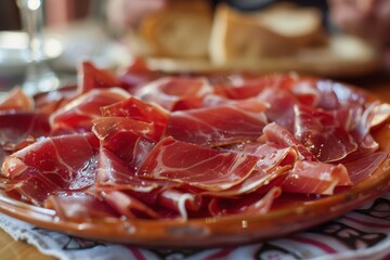 Obraz premium Close up of plate with Spanish Serrano ham tapas