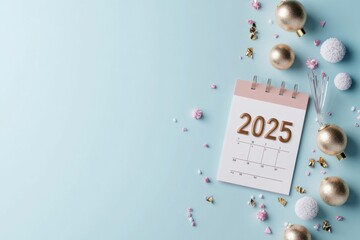 2025 new year goals resolutions desk calendar on blue background with christmas gold ornaments
