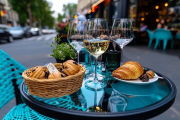 A small bistro in Paris with intimate tables, a handwritten menu, and elegant French dishes like croissants and escargot, symbolizing the classic charm of French dining