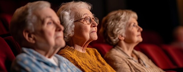 Elderly friends attending a theater performance, sitting in a dimly lit auditorium