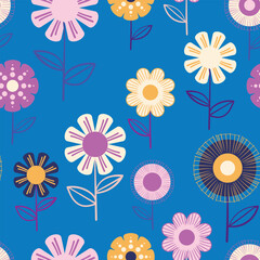 Seamless floral pattern based on traditional folk art ornaments. Colorful flowers on color background. Scandinavian style. Sweden nordic style. Vector illustration. Simple minimalistic pattern