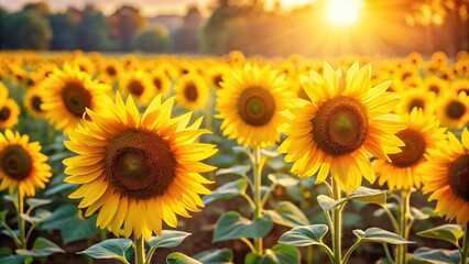 Obraz premium A field of sunflowers standing tall in the warm sunlight with bright yellow petals and dark centers, wheat stalks, natural landscape, bright yellow, warm light