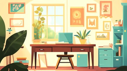 Fototapeta premium Adorable desk in warm hues, potted plant, view showcasing various seasons, flat design illustration
