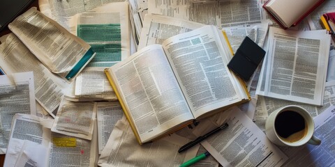 Obraz premium A table covered in books and papers, a cup of