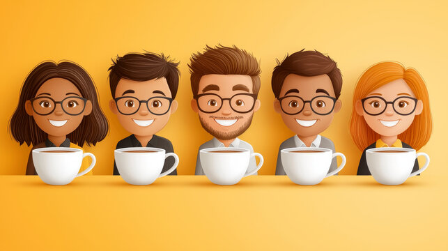 Cheerful group of five diverse cartoon characters with coffee cups, smiling against bright yellow background. Their friendly expressions create warm and inviting atmosphere