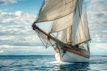 Naklejka premium Close up view of an old expensive two masted sailboat yawl sailing in the open sea off the coast of Maine US used for sport leisure and transportation