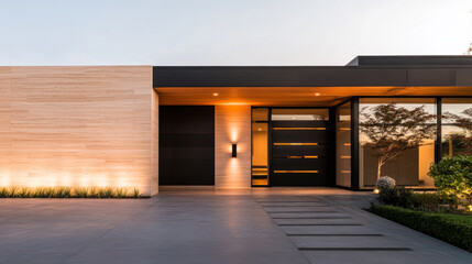 Modern architecture of a stylish house featuring sleek lines and elegant landscaping at dusk