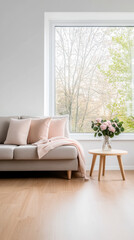 Fototapeta premium Cozy living room with soft pink decor and a view of trees through a large window