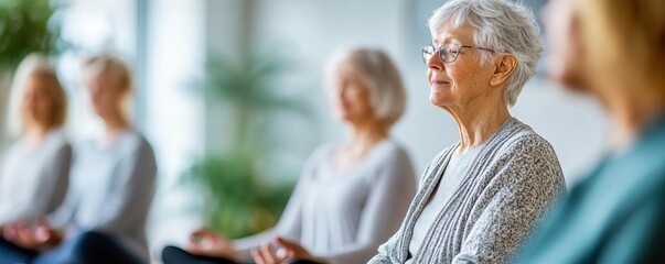 Elderly friends attending a meditation workshop, sitting in a circle