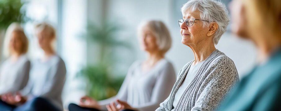Elderly friends attending a meditation workshop, sitting in a circle