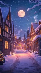 Naklejka premium A Serene snowy village at night with warmly lit houses with full moon,charming winter scene with a festive feel,winter,Merry christmas holiday,New year and xmas celebration,Vector illustration.