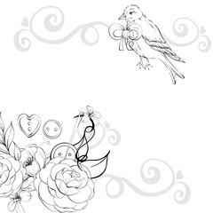 Vintage sewing tools compositions, with beard, Scissors, needles, buttons with flowers. Template, background.Handcraft in retro style. Vintage old fashion, tailoring for logo, postcard, fabric