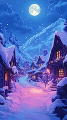 Obraz premium A Serene snowy village at night with warmly lit houses with full moon,charming winter scene with a festive feel,winter,Merry christmas holiday,New year and xmas celebration,Vector illustration.