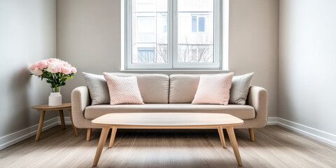 Fototapeta premium Cozy living room with beige sofa, wooden coffee table, and fresh flowers in a modern, bright space