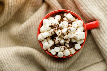 Cocoa and marshmallows in red ceramic cup