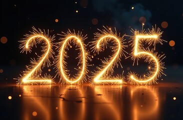 2025 formed by golden sparklers on a dark background with a festive atmosphere.