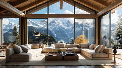 Fototapeta premium Living room interior with large sofa, two armchairs and a large window overlooking the alps