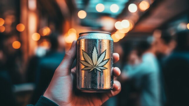 A hand holds a can with a cannabis leaf design, amidst a softly lit background, suggesting a relaxed social atmosphere.