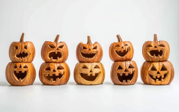 A spooky Halloween collection of Jack O' Lantern pumpkins, each with a scary and cringy smile, carved in various eerie expressions