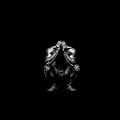 Lonely Man with Worries: Depressed Figure Sitting with Hands on Head in Darkness