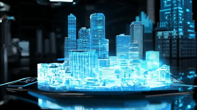 A 3D Wireframe Model of a Futuristic City Lit in Blue Neon Lights