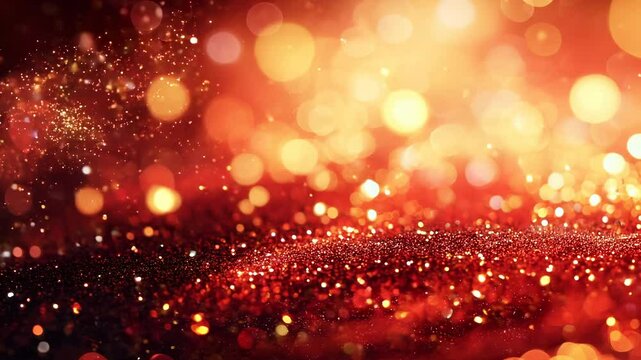 Abstract red background with shimmering gold particles. Sparkling red backdrop.