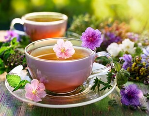 Inviting outdoor scene with three cups of herbal tea, perfect for social media