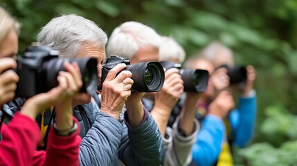 Group of seniors attending a photography class, snapping nature photos