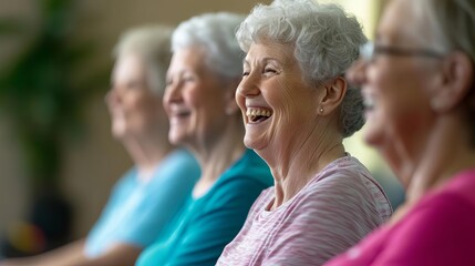Group of seniors attending a fitness class, laughing while exercising