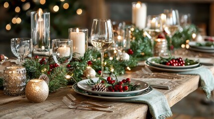 A beautifully decorated Christmas dining table with candles, glasses, and festive greenery, creating a warm holiday atmosphere.