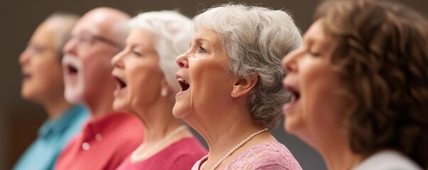Fototapeta premium Group of seniors attending a choir practice, standing and singing