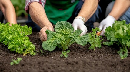 Fototapeta premium Group of seniors attending a gardening session, planting seasonal vegetables