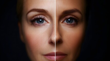 Before-and-after facelift results, focusing on smoother skin texture and lifted facial features, split-screen, Digital Rendering, Natural Lighting