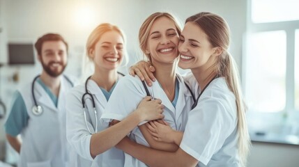 Fototapeta premium Happy Medical Team Hugging in Hospital Teamwork Healthcare Support Doctors Nurses